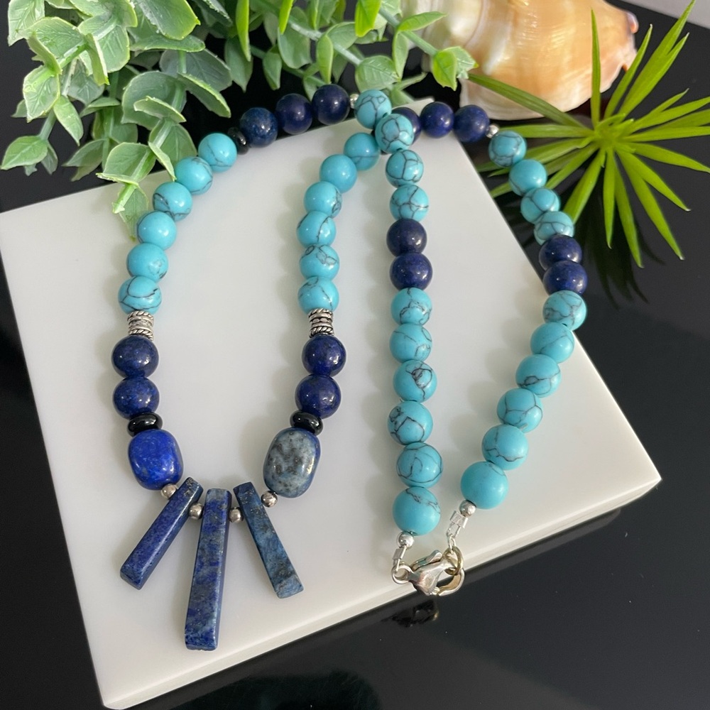 Natural Lapis Lazuli & Turquoise Beads Necklace-Handcrafted 925 Sterling Silver